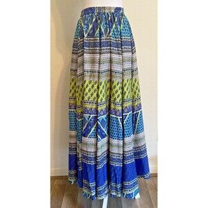 LUCKY & COCO Boho Maxi Skirt Elastic Waist Blue Green Women's Small Festival